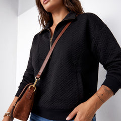 Sweat-shirt noir à col demi-fermeture éclair texturé uni