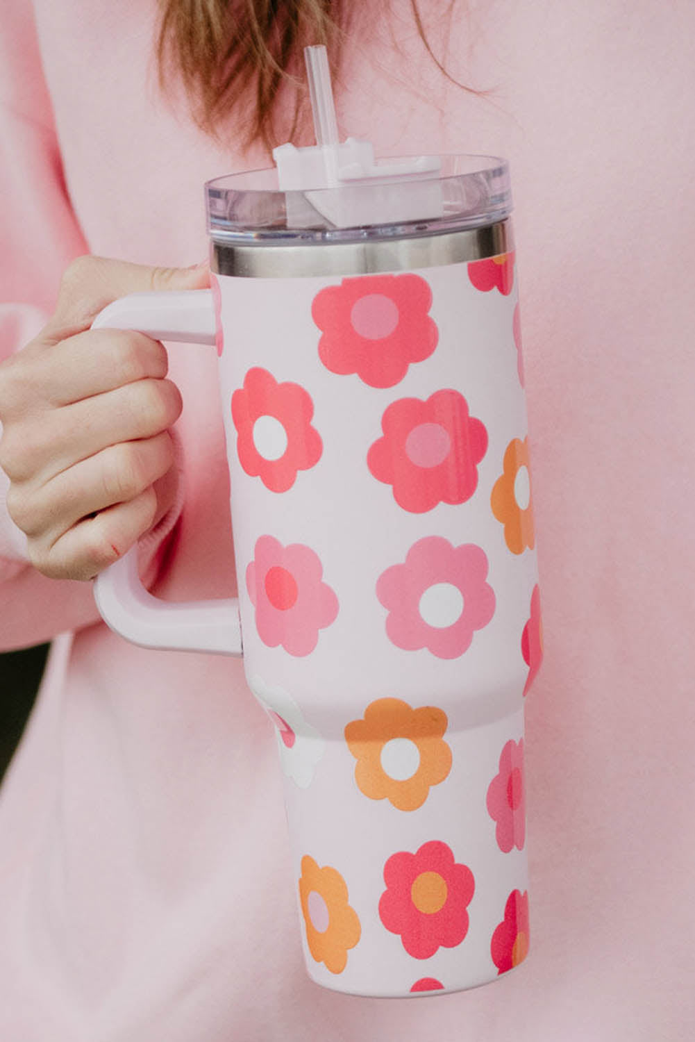 Tasse à vide en acier inoxydable à poignée avec impression de fleurs multicolores 40oz