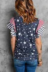 Gray striped t-shirt with fluffed sleeves and stars printed