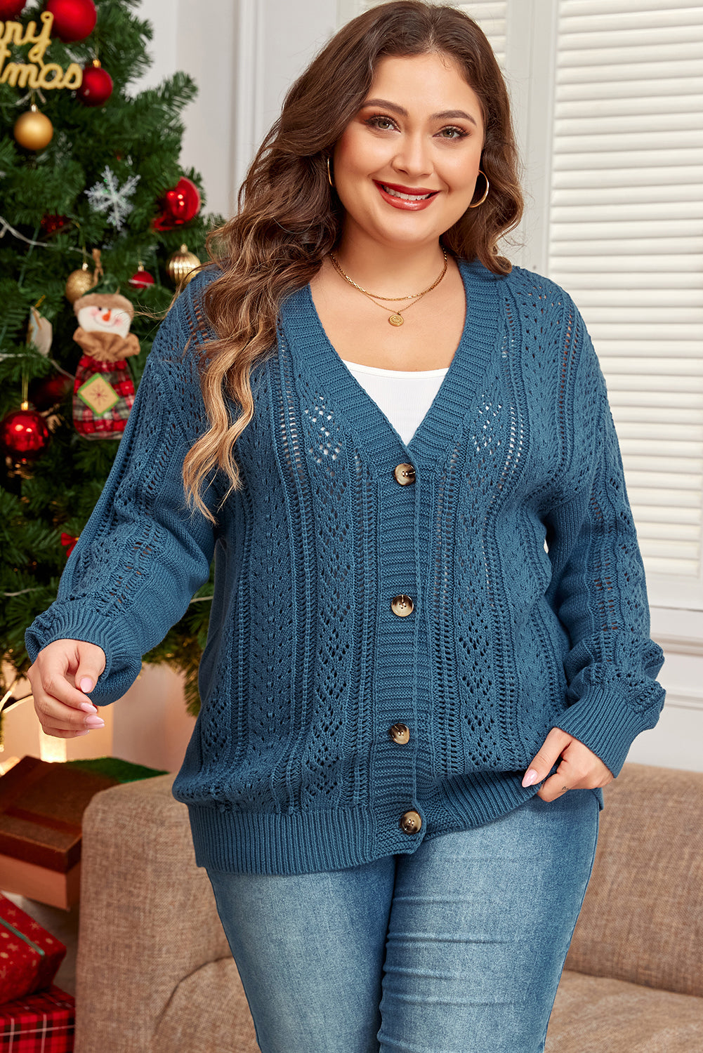 Open Knit Cardigan with V-Neck and Button Front, Dropped Shoulders, Plus Size, Teal