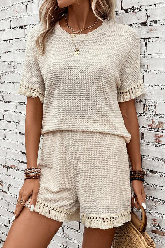 Beige Fringe Textured Short Two Piece Set