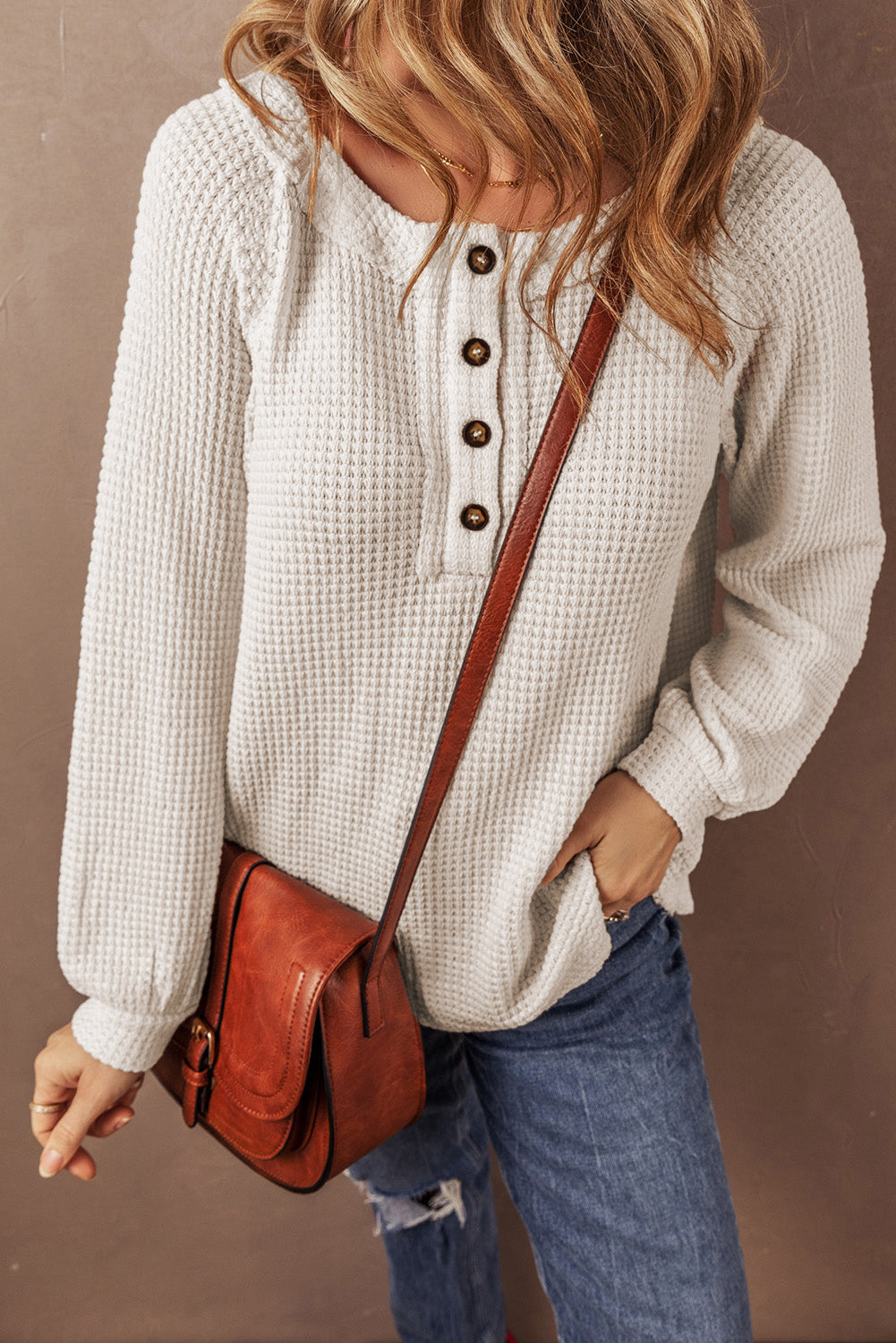 Oatmeal Waffle Knit Botoned Front Raglan manga blusa suelta