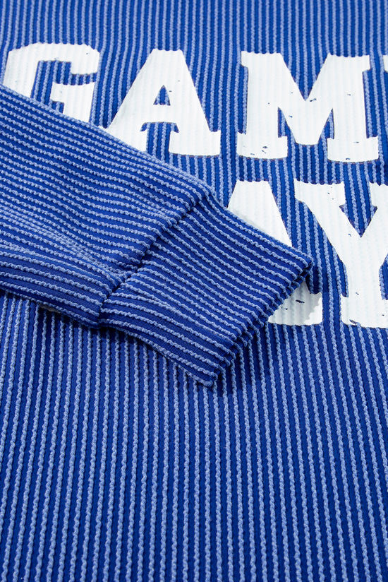 GAME DAY Print Long Sleeve Crew Neck Top in Blue Cord