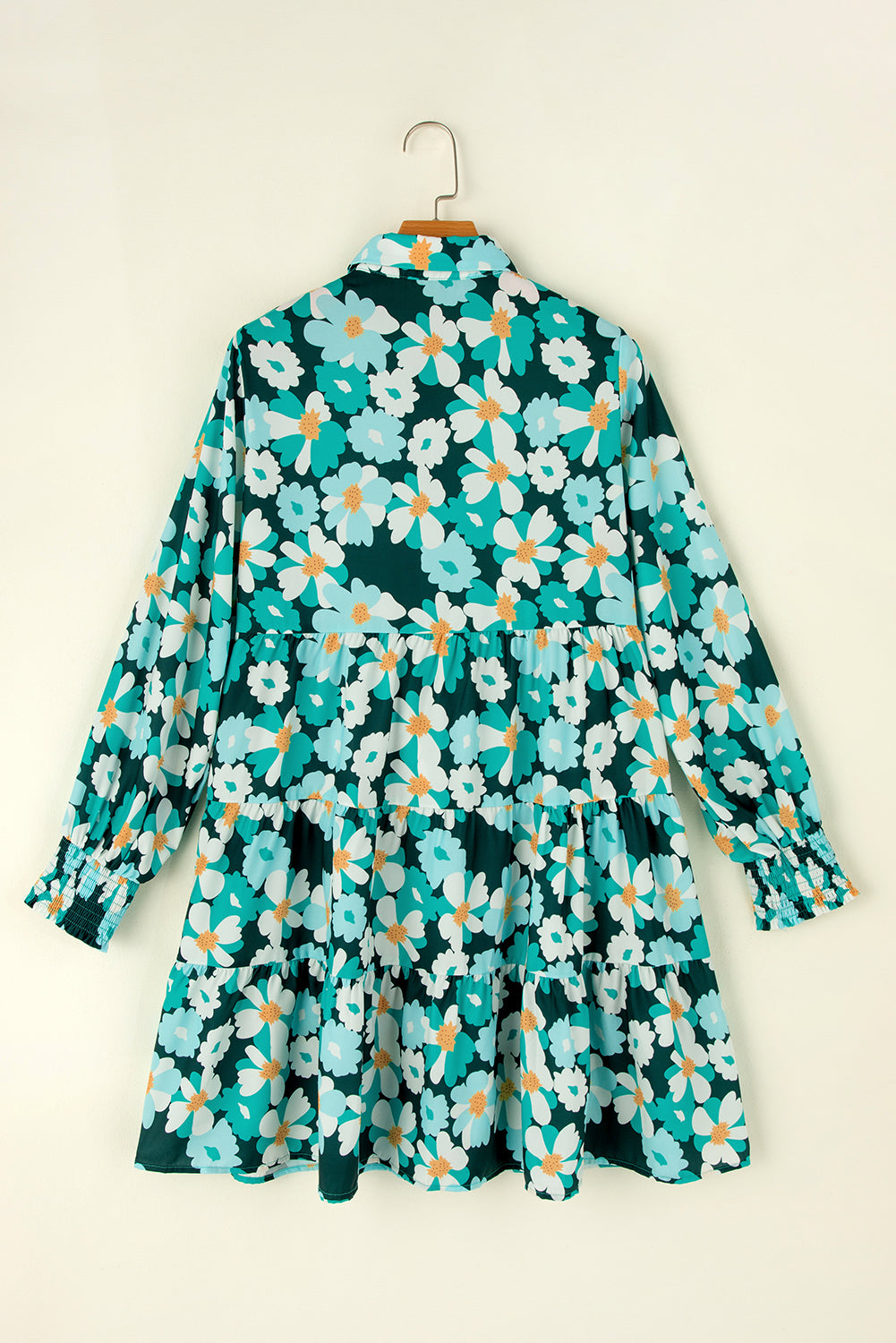 Green floral shirt dress with long puffed sleeves