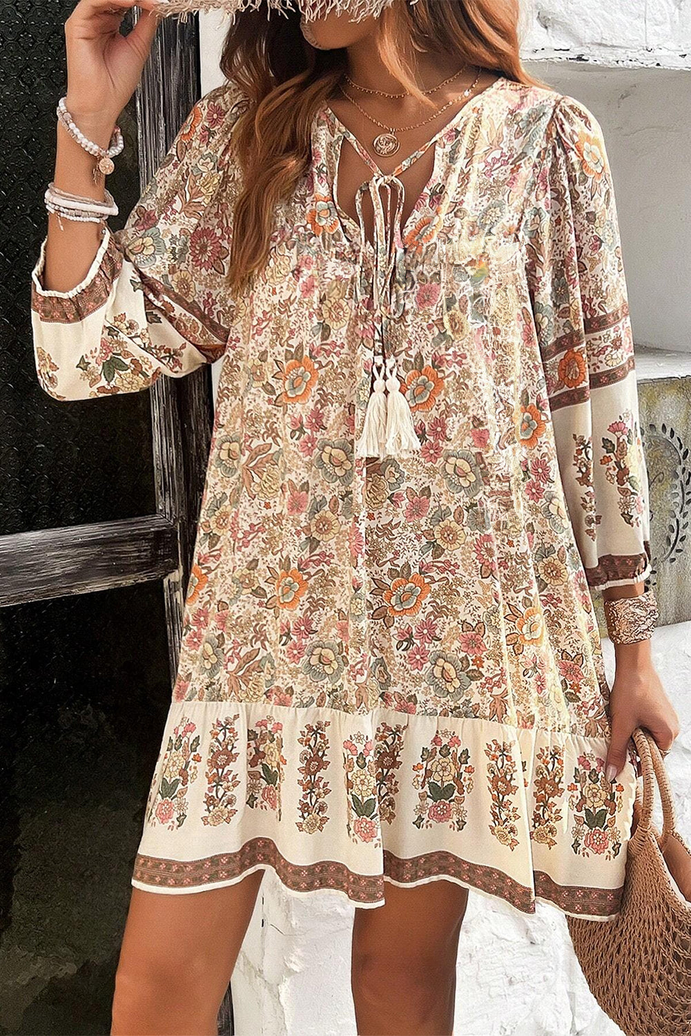 Apricot Floral Print V-Neck Drawstring Loose Mini Dress