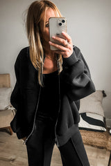 Ensemble veste zippée noire à coutures unies et pantalon à taille avec cordon de serrage-A WOMAN WE LOVE