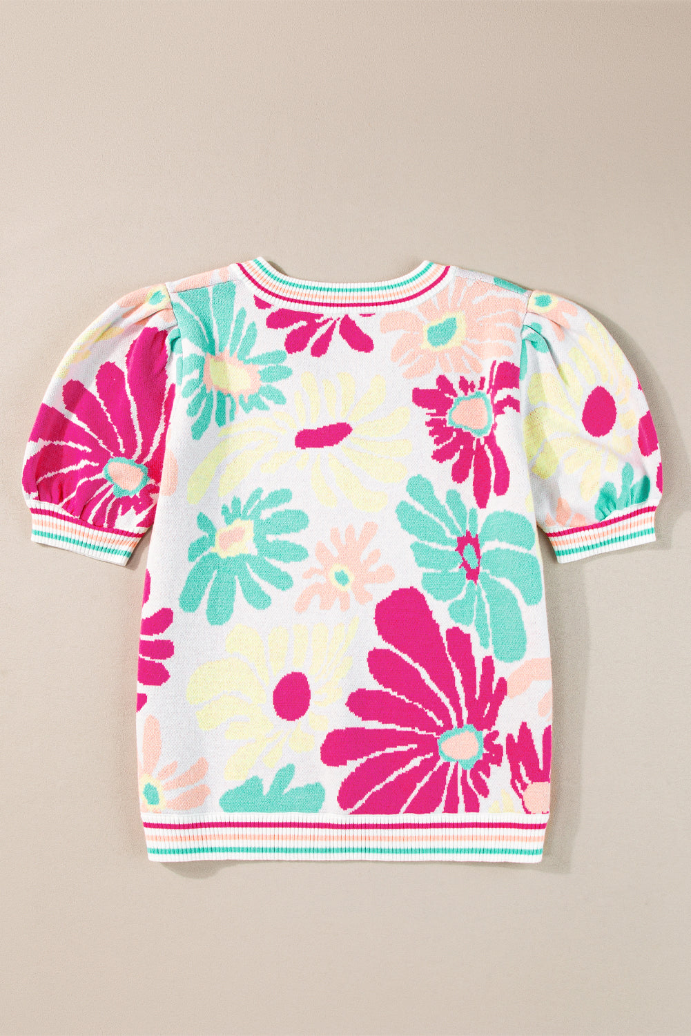 Multicolor sweater with short sleeves and V -collar with floral print