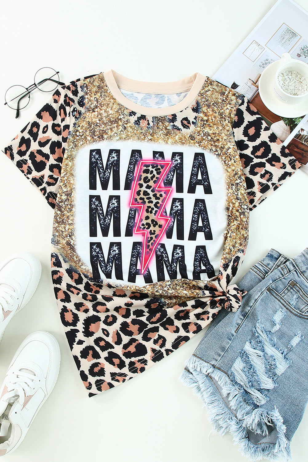 Mama Lightning Graphic Leopard teint T-shirt