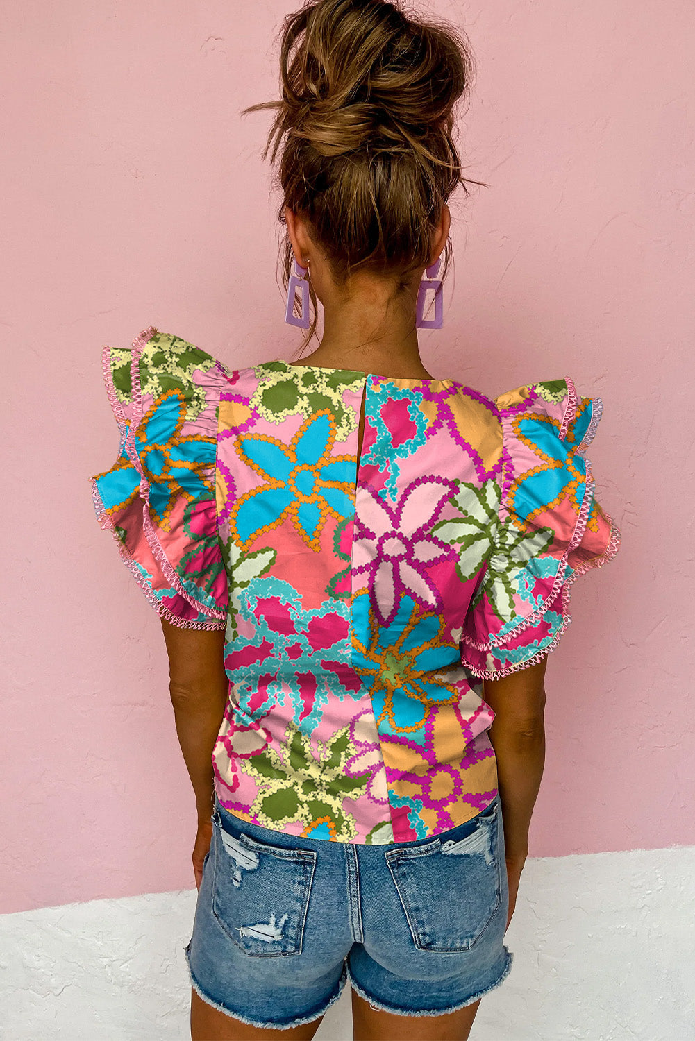 Blusa de manga de volante con estampado floral multicolor vibrante