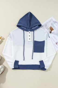 White drawstring hoodie with color block patch pocket