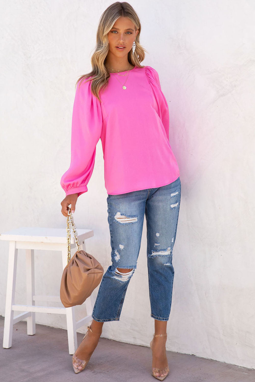 Pink Satin Puff Langarm Crewneck Bluse