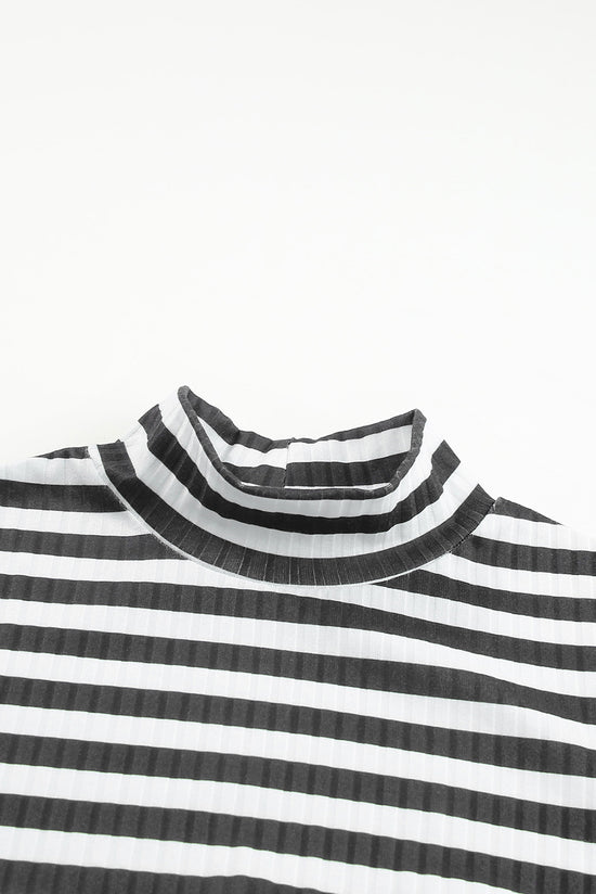 Black Striped Textured Knit Long Sleeve T-Shirt