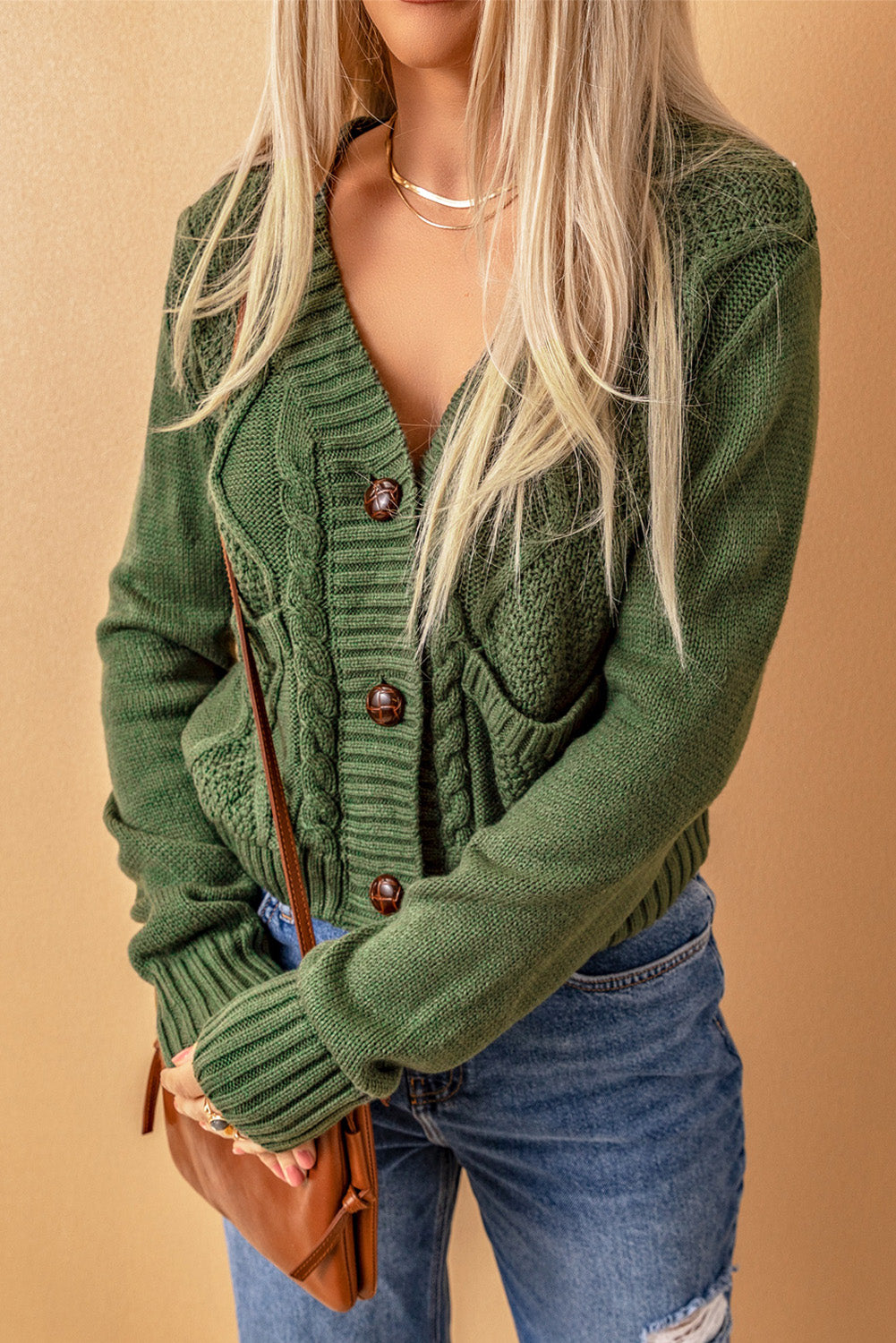 Green Front Pockets Buttons Textured Cardigan