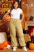 Beige high waisted drawstring fitted band pants