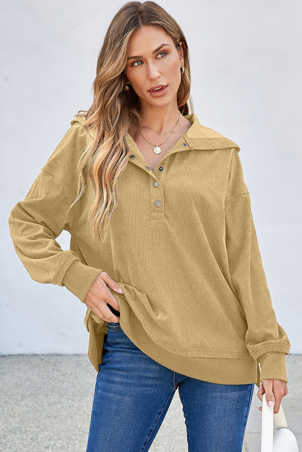 Einfach Taupe Massive gerippte Strick -Knopftropfen Schulter übergroße Hoodie