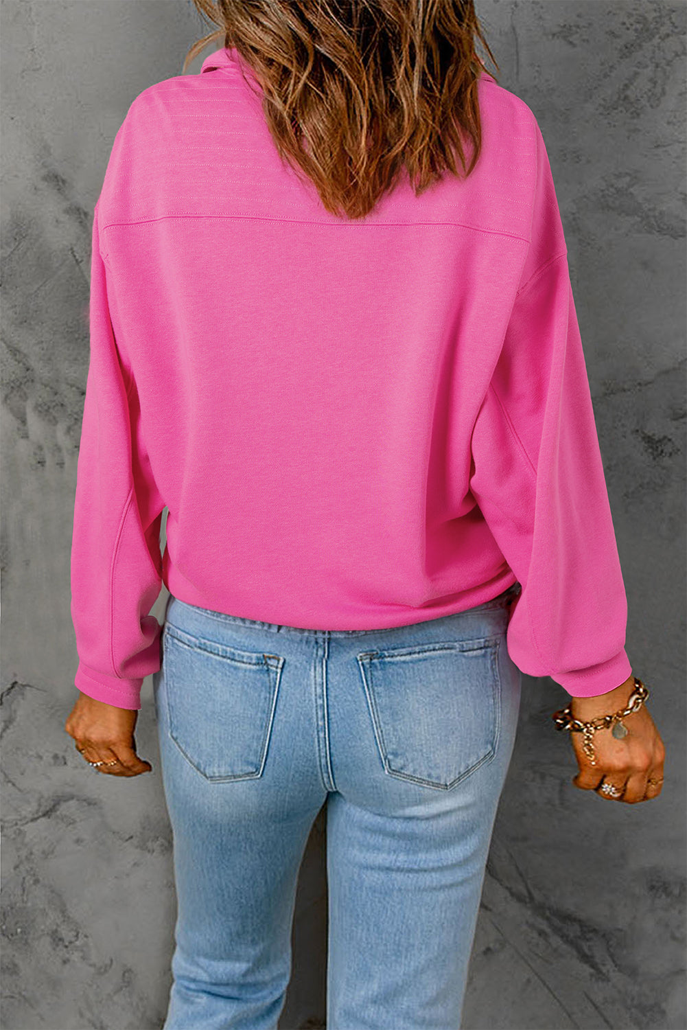 Leuchtend rosa Vintage Mineral Waschmittel Halbknopf Kragen Sweatshirt