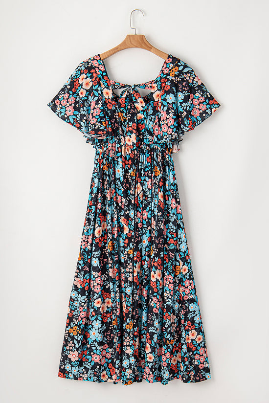 Sky blue floral long dress with knotted back and square neck