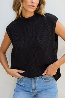 Gilet pull noir à col haut en tricot torsadé de couleur unie