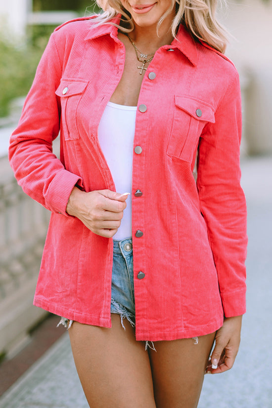 Pink Corduroy Buttoned Jacket with Flap Pocket