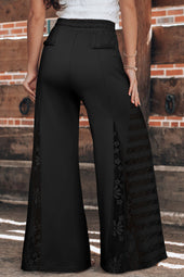 Pantalon taille haute à jambe large et patchwork en dentelle bohème noir *