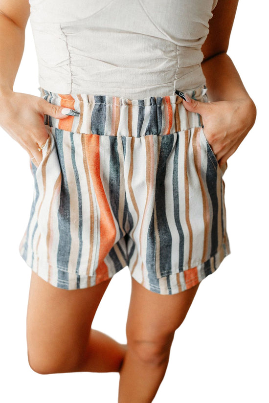 Vintage Washed Striped Casual Shorts with Ruffled Elastic Waist