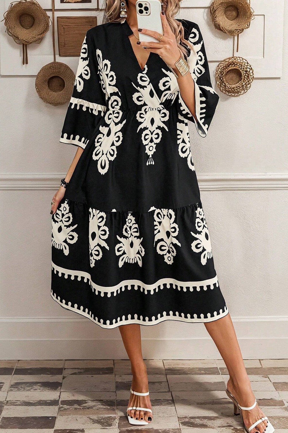 Black Western Geometric Print 3/4 Sleeve Loose Midi Dress