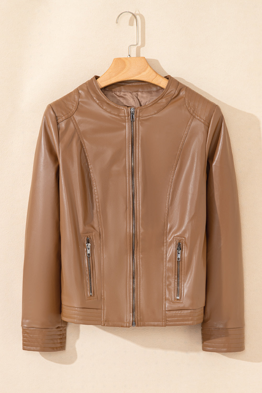 Blouson aviateur coupe slim en similicuir marron uni avec fermeture éclair