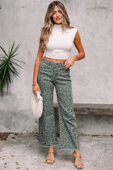 Jean taille haute à jambe large et bord effiloché léopard gris