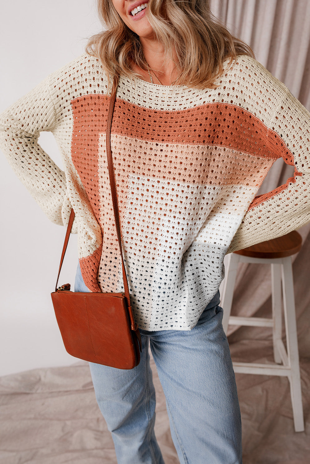 Apricot Pointelle Knit Colorblock Sweater Haggy