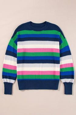 Bright green rainbow striped crew neck drop shoulder sweater