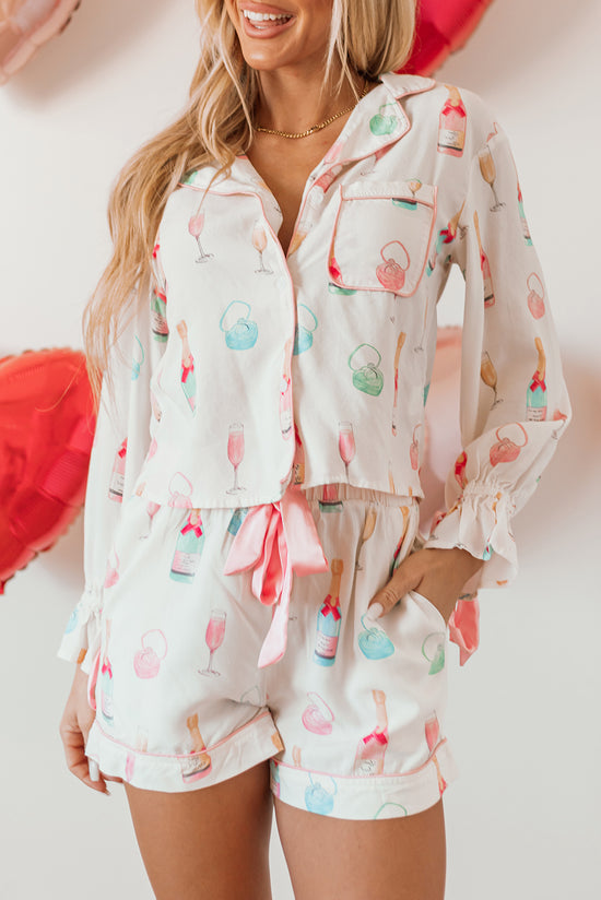 Two -piece white pajama set with wine glass print and Christmas butterfly knot