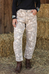 Jean baril kaki camouflage à poches, longueur cheville