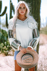 White striped patchwork seam waffle knit top