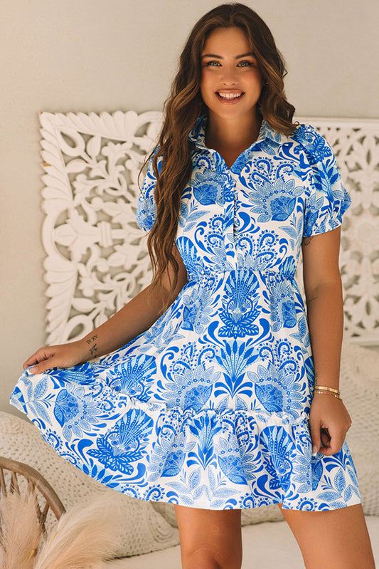 Sky Blue Retro Floral Print Drawstring Waist Ruffle Mini Dress