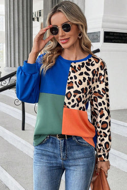 Dark Blue Leopard Print Color Block Long Sleeve Top