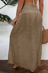 Jupe de plage longue fendue taille haute froncée kaki pâle