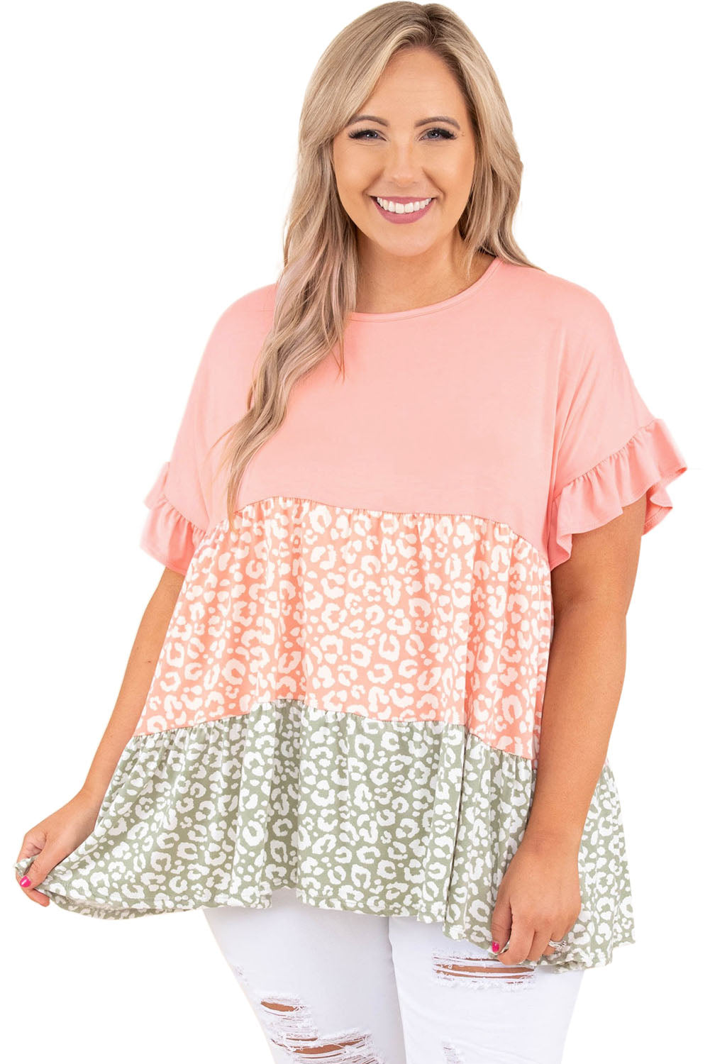 Pink Ruffled Short Sleeve Leopard Splicing Flowy Plus Size Top