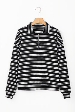 Black Striped Textured Zip Neck Long Sleeve Top