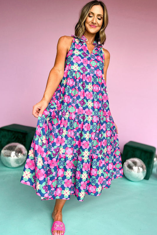 Robe longue à volants et imprimé floral sans manches à volants bleu