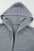 Gray horizontal ribbed knit hooded cardigan, open front