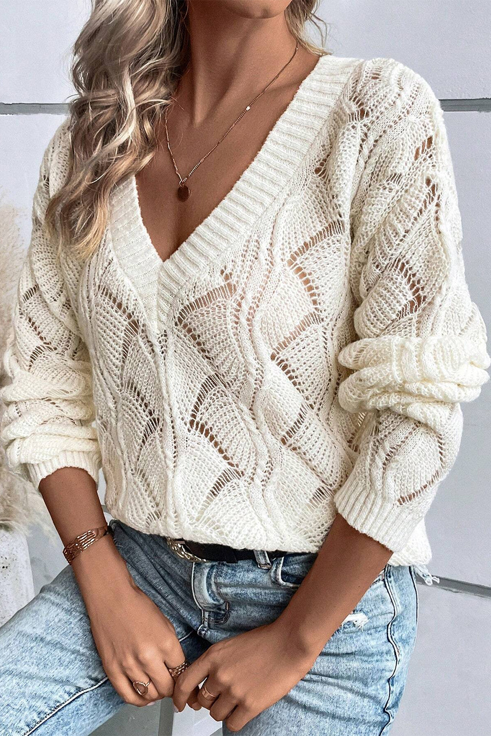 Beige sweater in openwork knit in v * collar