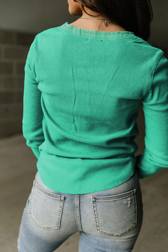 Green Waffle Knit Henley Top with Bound Neckline