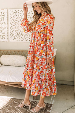 Multicolored bohemian dress with floral collar and long ruffled sleeves