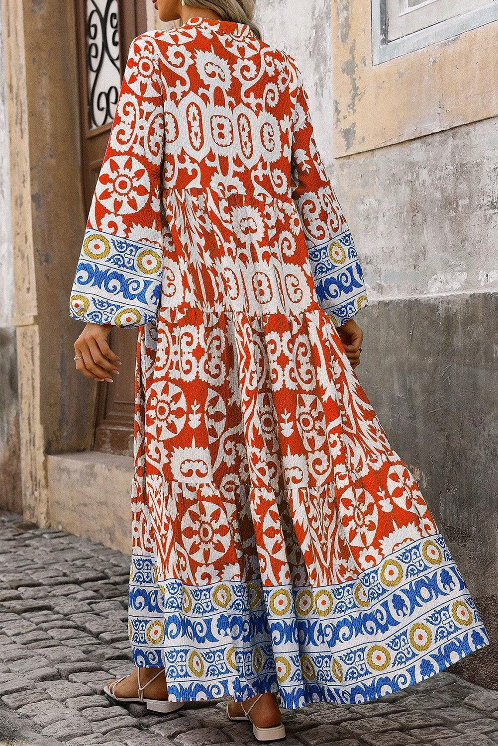 Orange Boho Geometrisch gedrucktes Langarm -Maxikleid