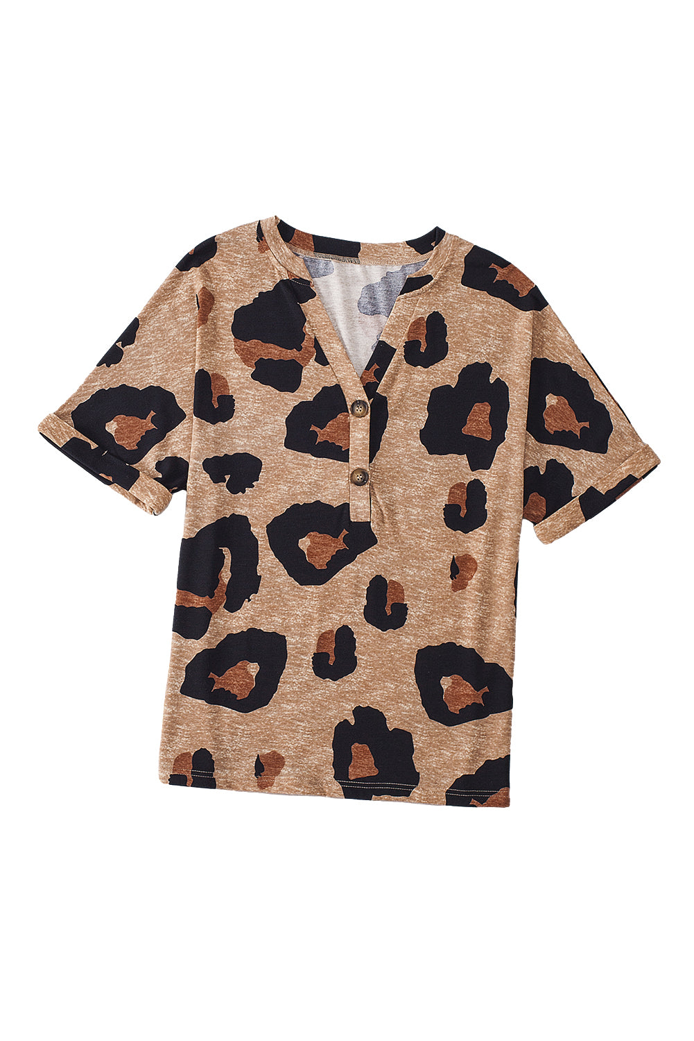 Leichter französischer Beige Leopard gefaltet kurzarm geknöpft V Hals T -Shirt