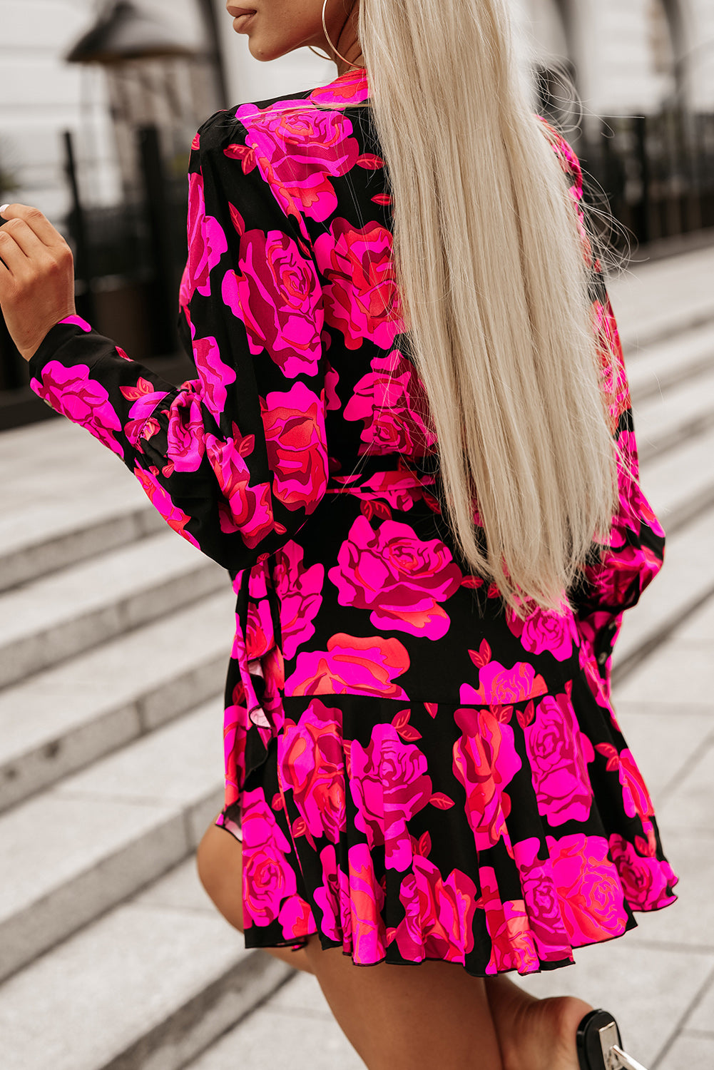 Rose Floral Print a V Neck Wrap Washop Sleeve Bruffer Tiered Dress