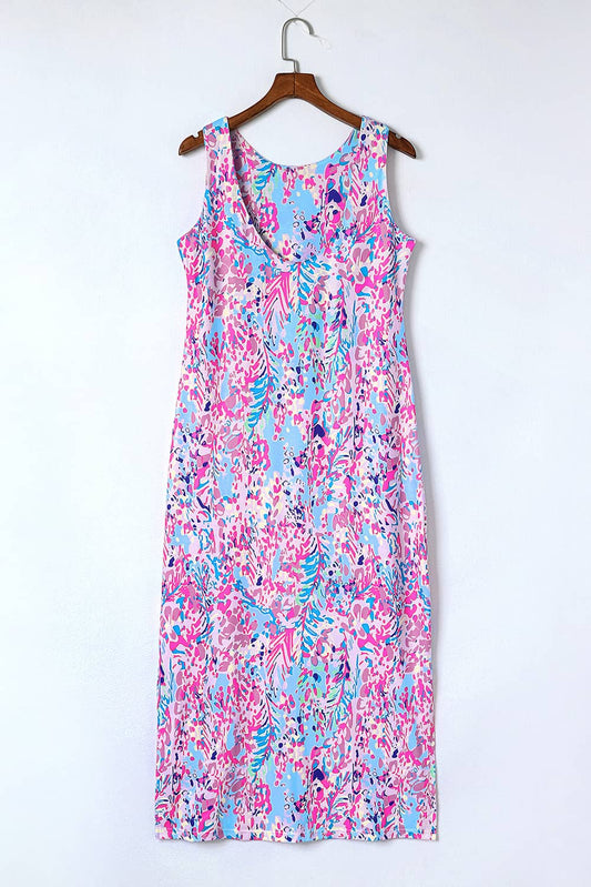 Robe maxi sans manches à imprimé floral abstrait violet