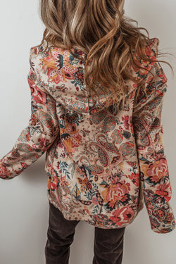 Veste à capuche beige doublée en sherpa imprimé floral vintage Paisley