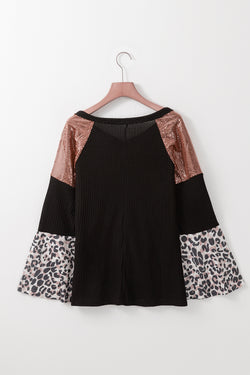 Black Bell Sleeve V-Neck Sequin Patchwork Tunic Top