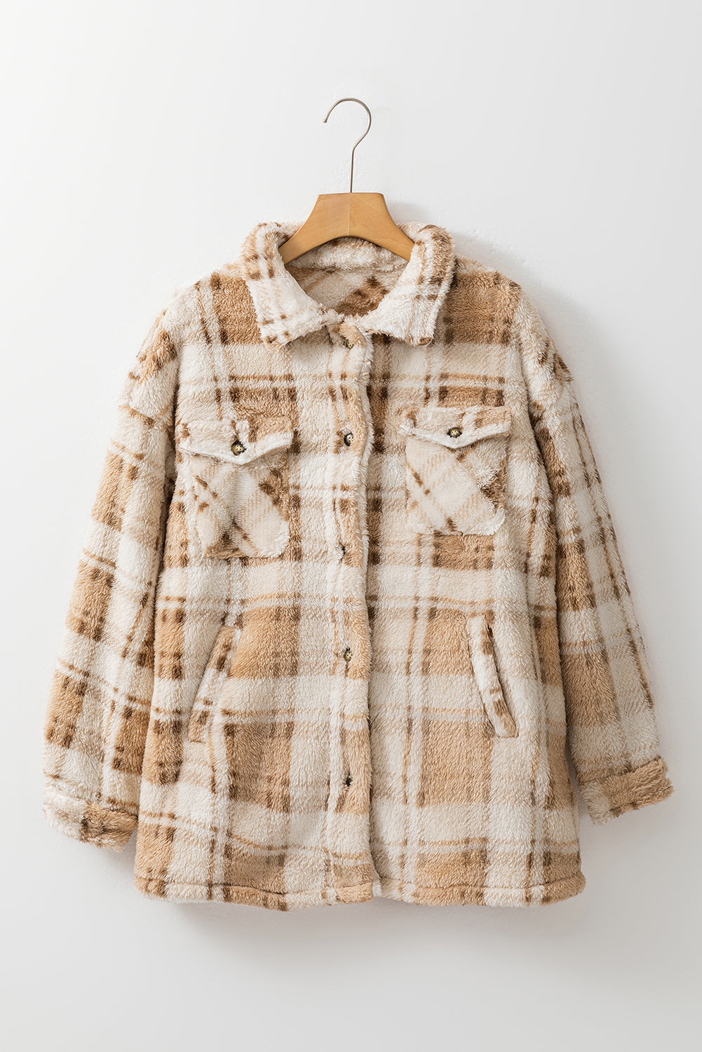 Khaki Sherpa Plaid Button Taschenjacke